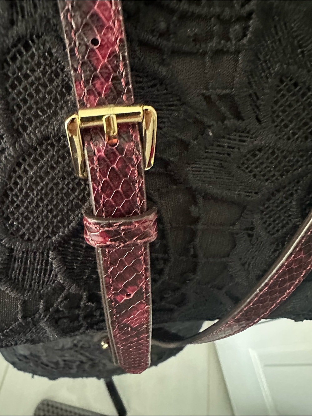 Women's Burgundy Snake-Embossed Strap for handBag with Gold Hardware